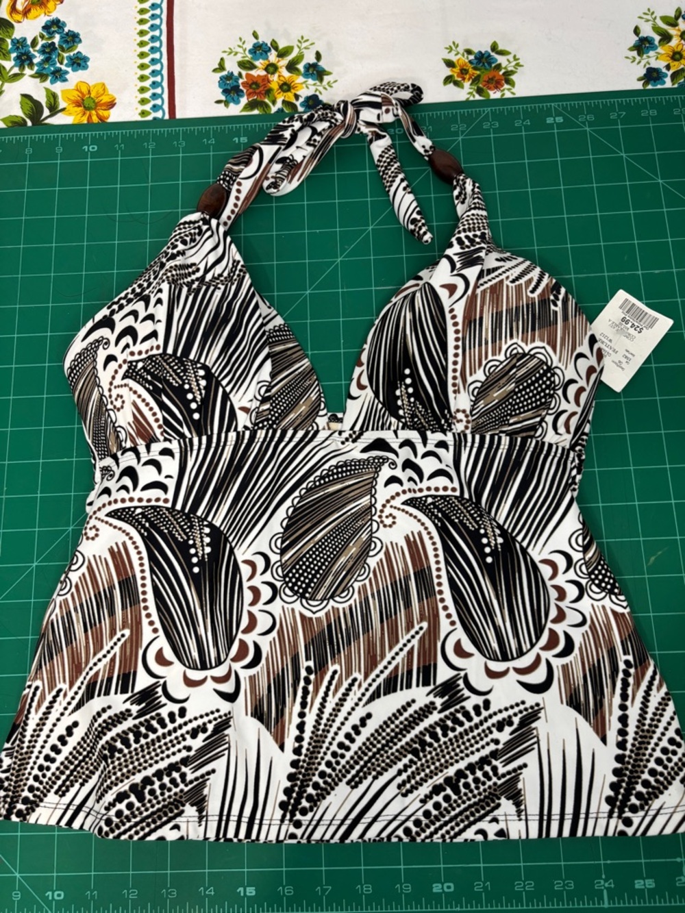 Cover Me Paisley Printed Halter Tankini Swim Top sz 16 Wood Beads Travel Shirt